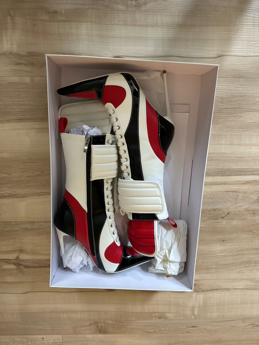 CALECHIE White, Red & Black Women's High-Heel Lace-Up Boots! Only worn once!